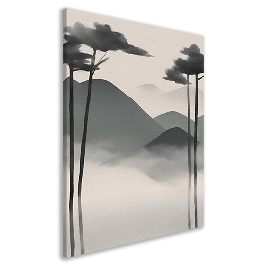 Minimalistisch landschap met mistige bergen canvas