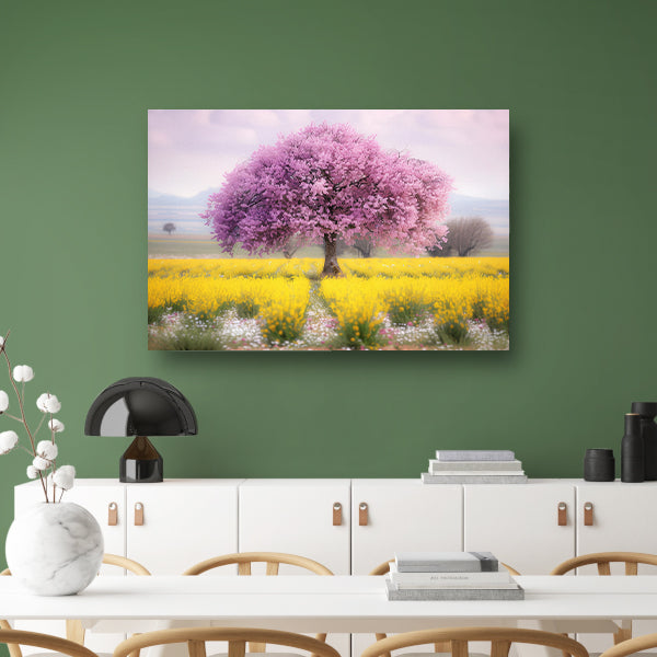 Bloeiende boom in kleurrijk bloemenveldposter