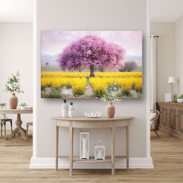 Bloeiende boom in kleurrijk bloemenveldposter
