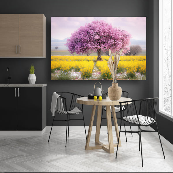 Bloeiende boom in kleurrijk bloemenveldposter