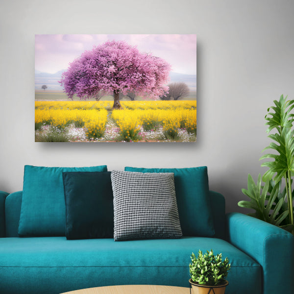 Bloeiende boom in kleurrijk bloemenveldposter