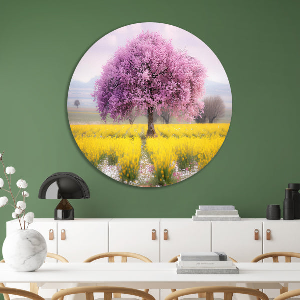 Bloeiende boom in kleurrijk bloemenveld aluminium muurcirkel