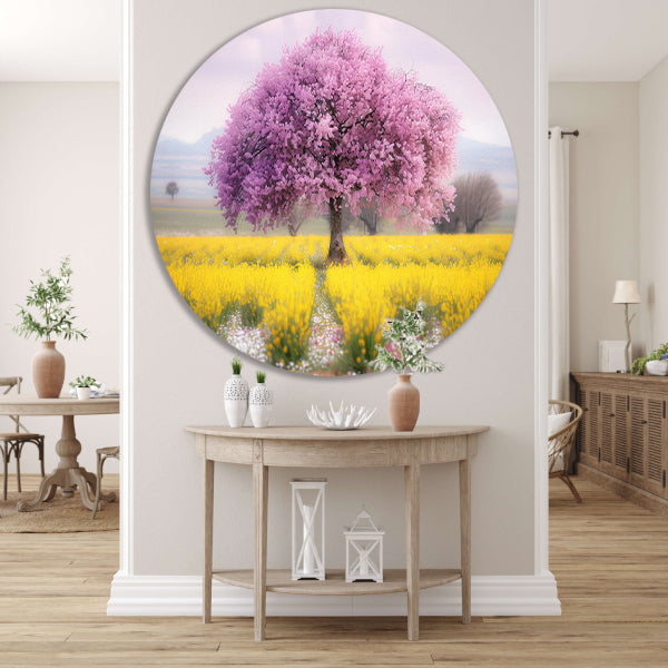 Bloeiende boom in kleurrijk bloemenveld aluminium muurcirkel