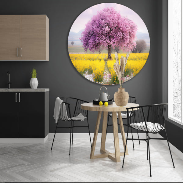 Bloeiende boom in kleurrijk bloemenveld aluminium muurcirkel