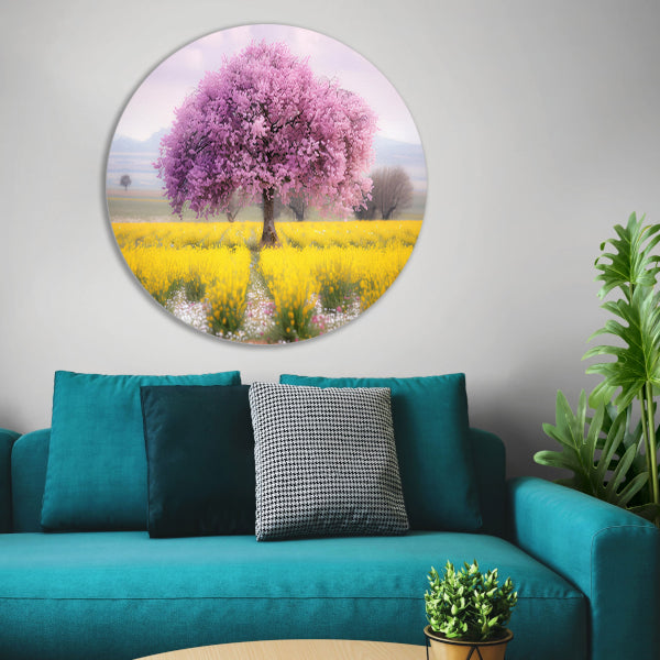 Bloeiende boom in kleurrijk bloemenveld aluminium muurcirkel
