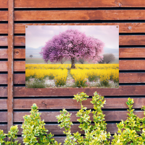 Bloeiende boom in kleurrijk bloemenveld tuinposter