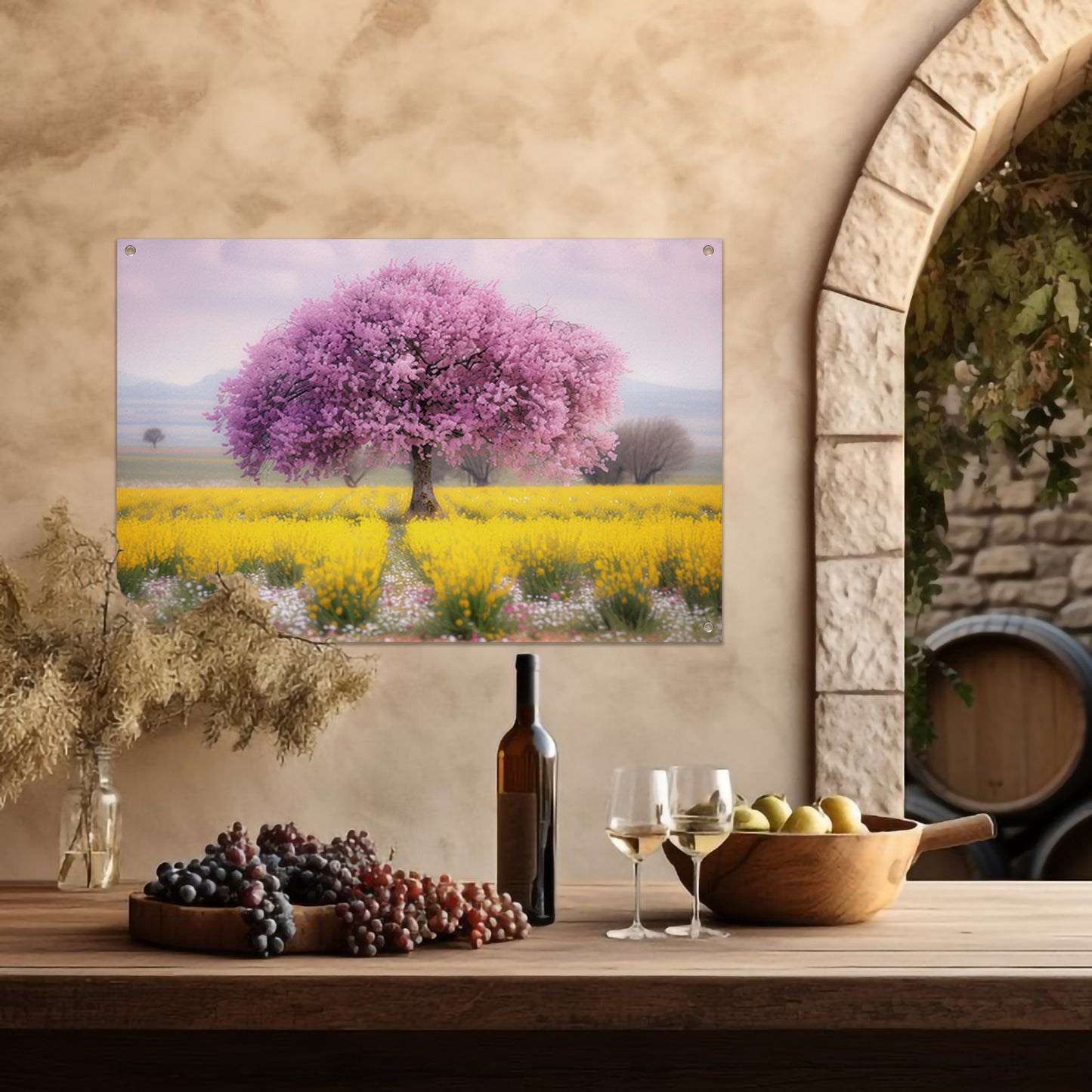 Bloeiende boom in kleurrijk bloemenveld tuinposter