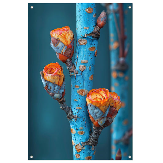 Oranje Bloemen op Blauwe Tak tuinposter
