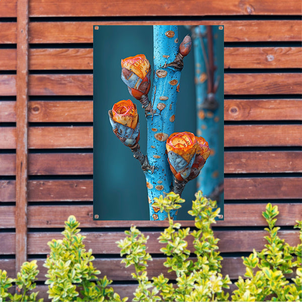 Oranje Bloemen op Blauwe Tak tuinposter