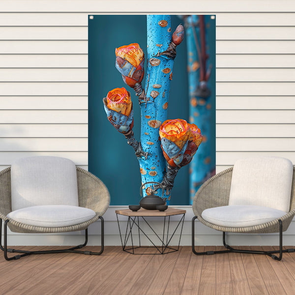 Oranje Bloemen op Blauwe Tak tuinposter