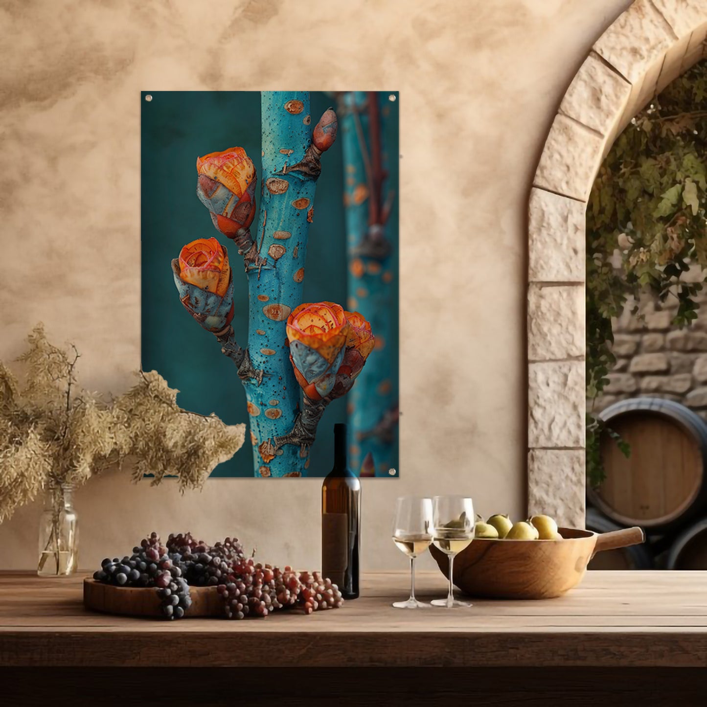 Oranje Bloemen op Blauwe Tak tuinposter