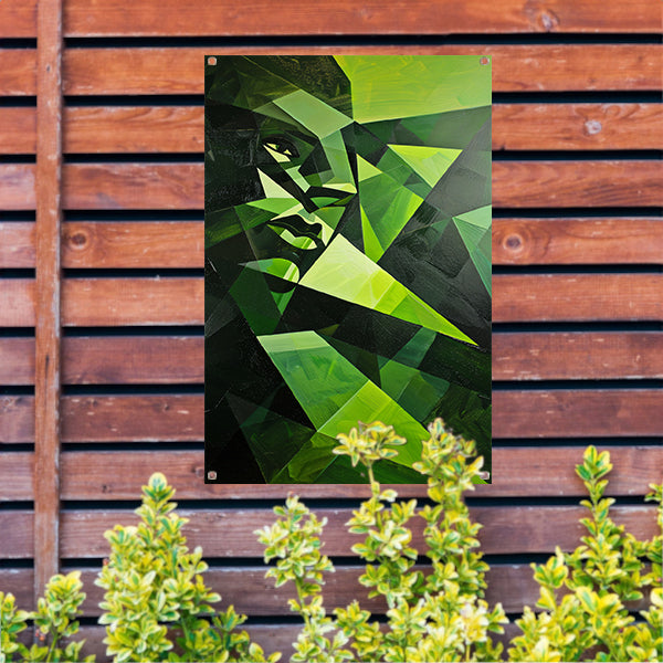 Modern kubistisch gezicht in groen tinten tuinposter