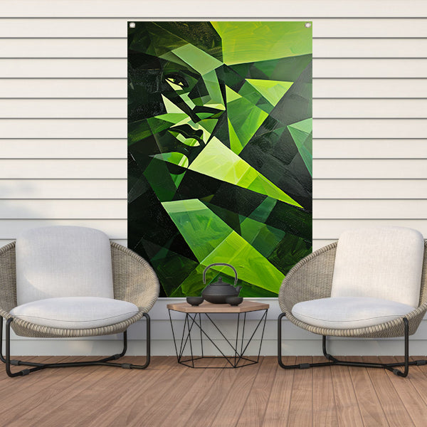 Modern kubistisch gezicht in groen tinten tuinposter