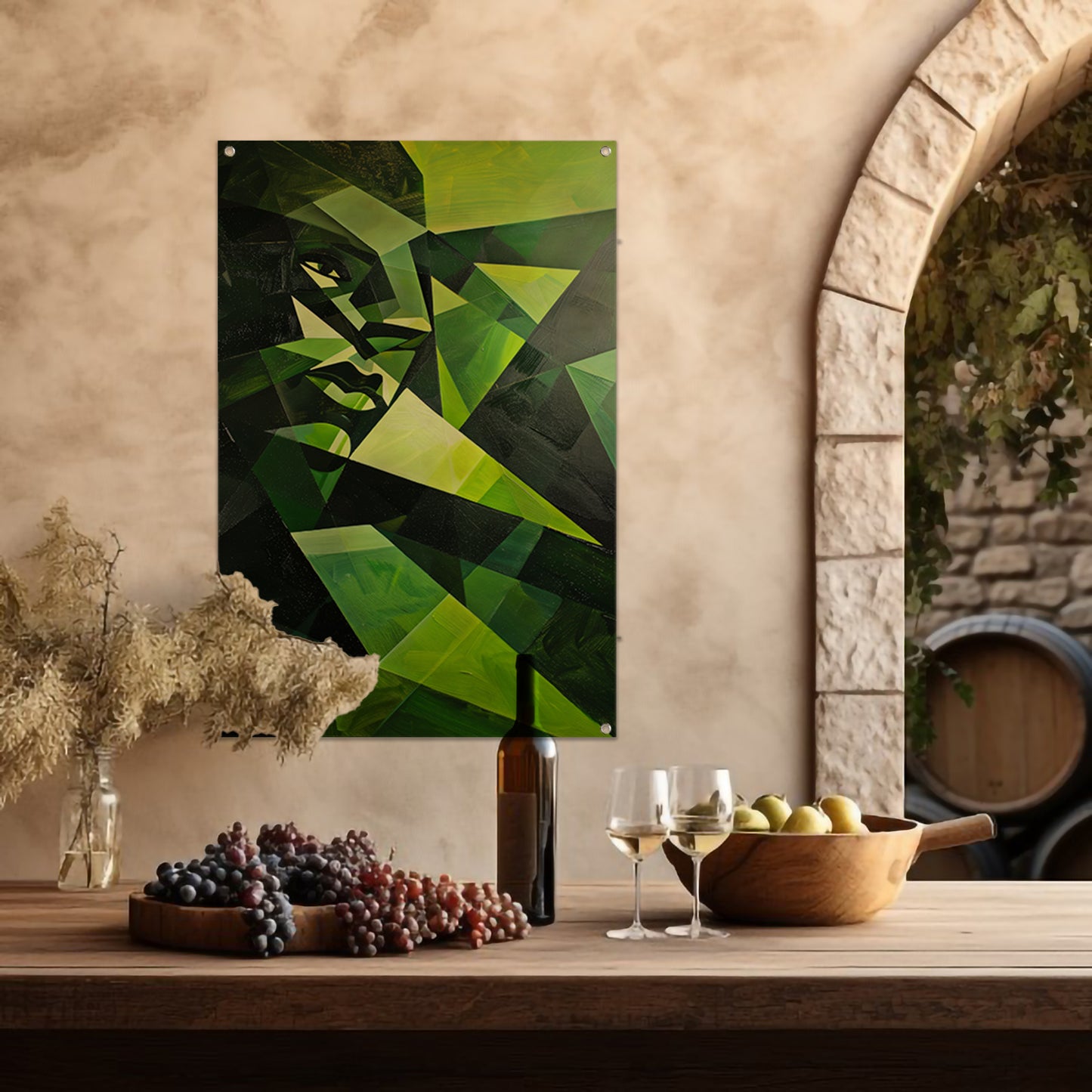Modern kubistisch gezicht in groen tinten tuinposter