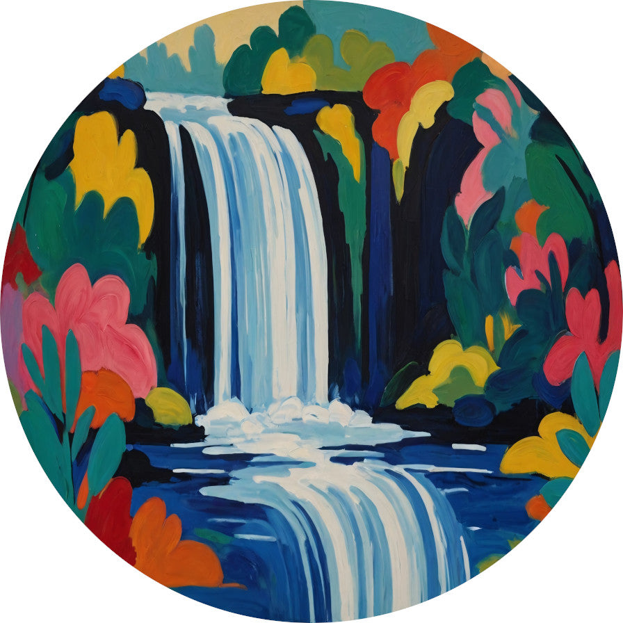 Levendige Expressionistische Waterval met Bloemen aluminium muurcirkel