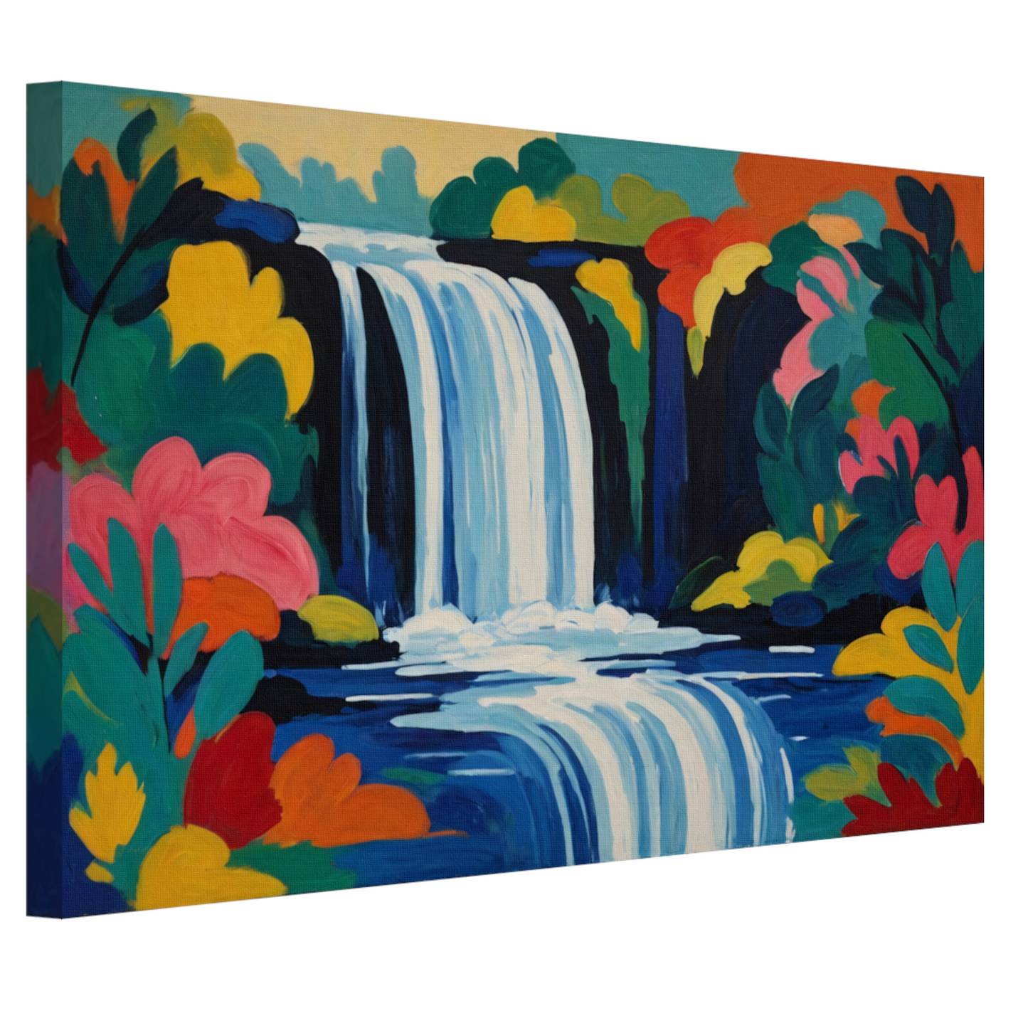 Levendige Expressionistische Waterval met Bloemen canvas