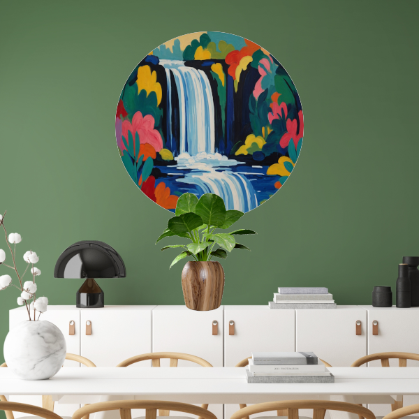 Levendige Expressionistische Waterval met Bloemen aluminium muurcirkel