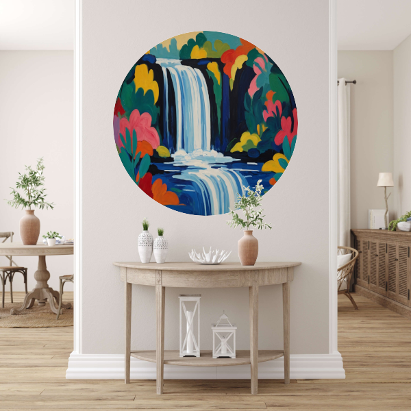 Levendige Expressionistische Waterval met Bloemen aluminium muurcirkel