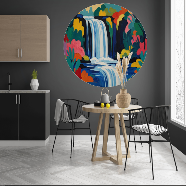 Levendige Expressionistische Waterval met Bloemen aluminium muurcirkel