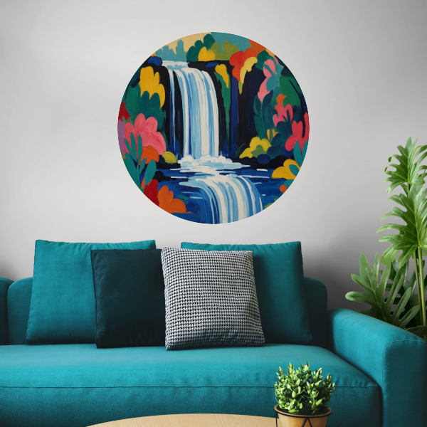 Levendige Expressionistische Waterval met Bloemen aluminium muurcirkel