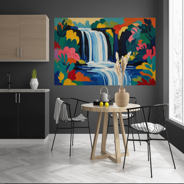 Levendige Expressionistische Waterval met Bloemen poster