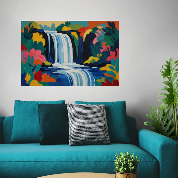 Levendige Expressionistische Waterval met Bloemen poster