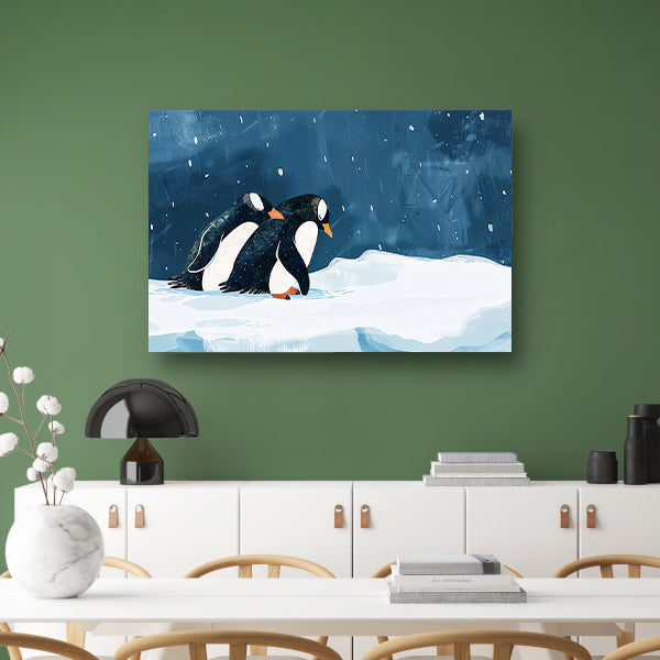 Twee pinguïns in een besneeuwd landschap poster