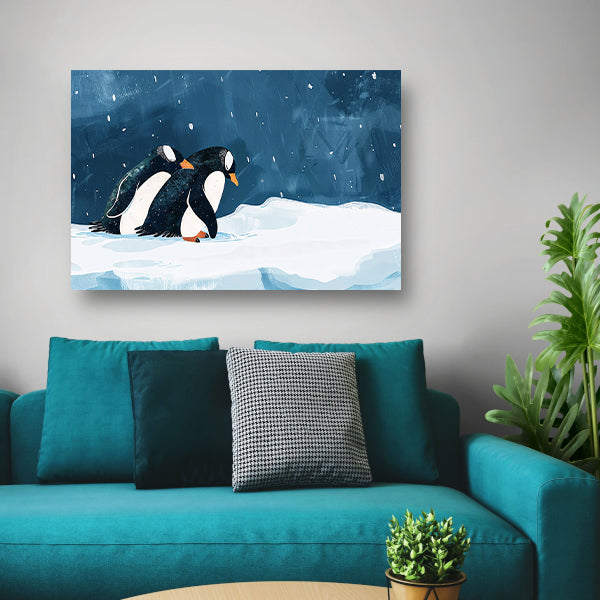 Twee pinguïns in een besneeuwd landschap poster