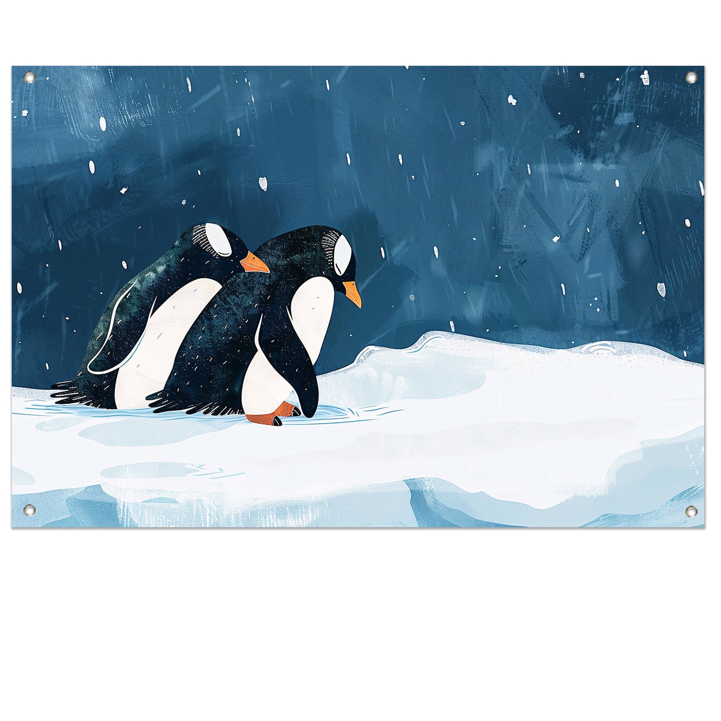 Twee pinguïns in een besneeuwd landschap tuinposter