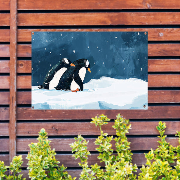 Twee pinguïns in een besneeuwd landschap tuinposter