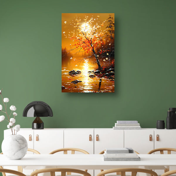 Stralende herfstboom bij zonsondergang met reflectie poster