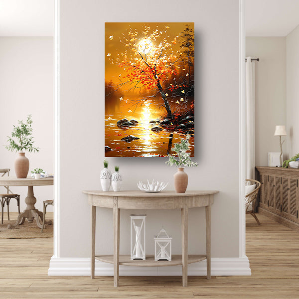 Stralende herfstboom bij zonsondergang met reflectie poster