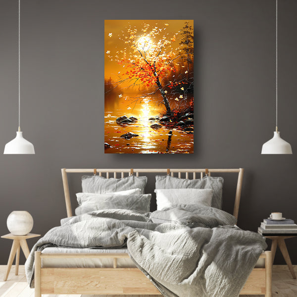 Stralende herfstboom bij zonsondergang met reflectie poster