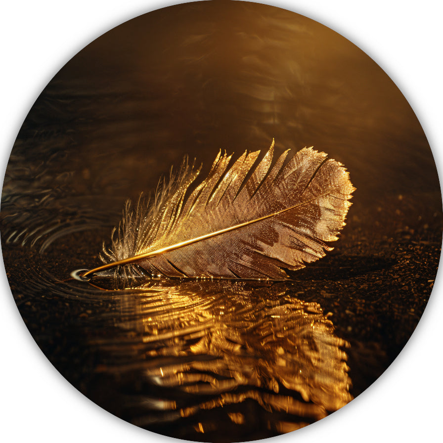 Gouden veer drijvend op mysterieus donker water forex muurcirkel