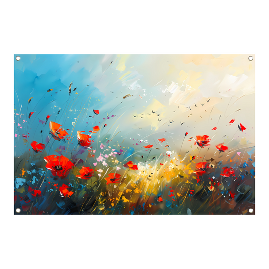 Abstract bloemenveld met felle kleuren en vogels tuinposter