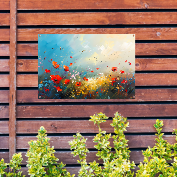 Abstract bloemenveld met felle kleuren en vogels tuinposter
