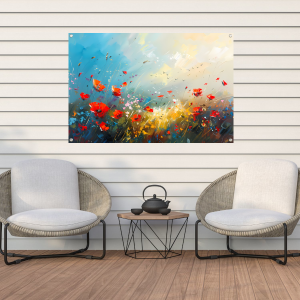 Abstract bloemenveld met felle kleuren en vogels tuinposter