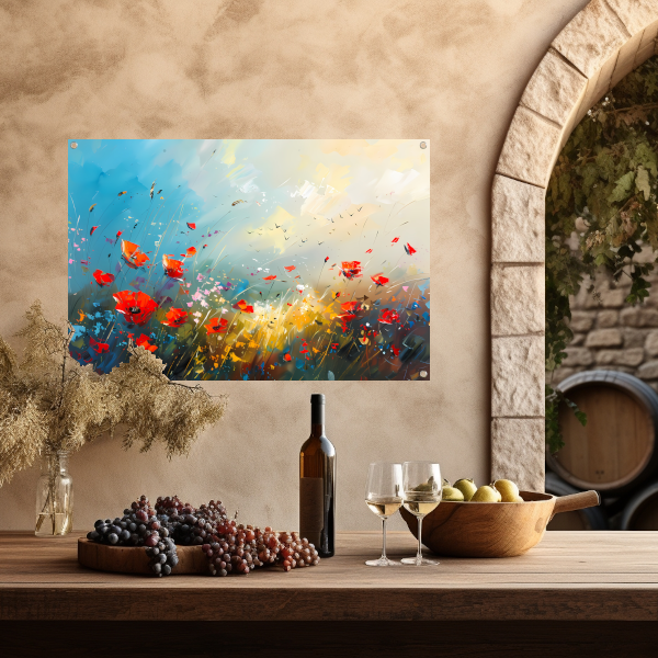 Abstract bloemenveld met felle kleuren en vogels tuinposter