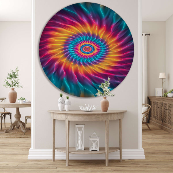Abstract Psychedelische Bloem in Wervelende Kleuren aluminium muurcirkel