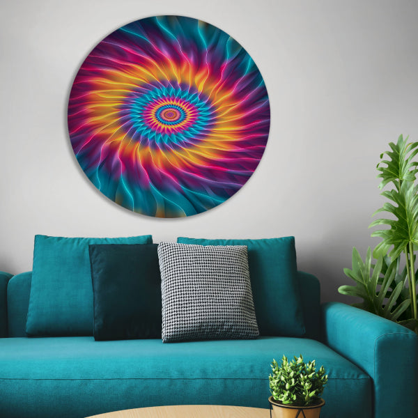 Abstract Psychedelische Bloem in Wervelende Kleuren aluminium muurcirkel