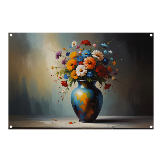 Bloeiende Bloemen in Blauwe Vaas Stilleven tuinposter