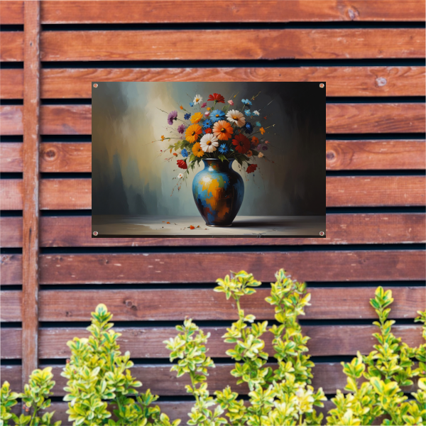 Bloeiende Bloemen in Blauwe Vaas Stilleven tuinposter