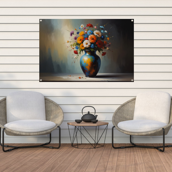 Bloeiende Bloemen in Blauwe Vaas Stilleven tuinposter