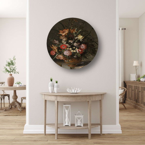Boeket bloemen in een vaas, insecten en kleine wezens - Jacob Marrel aluminium muurcirkel