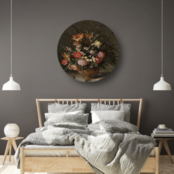 Boeket bloemen in een vaas, insecten en kleine wezens - Jacob Marrel aluminium muurcirkel