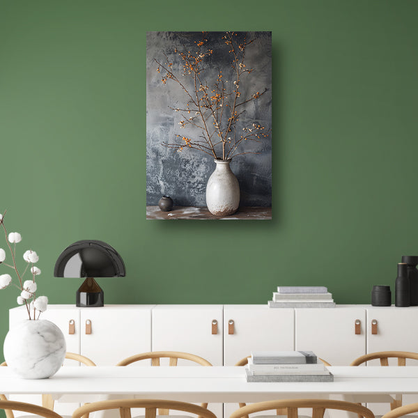 Herfsttakken in witte vaas tegen grijze achtergrond canvas