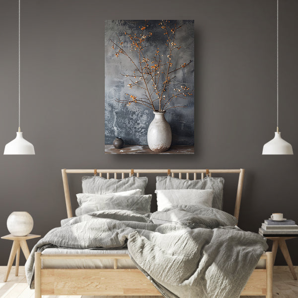 Herfsttakken in witte vaas tegen grijze achtergrond canvas