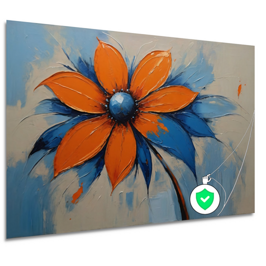 Oranje-Blauwe Bloei met Levendige Druppels poster