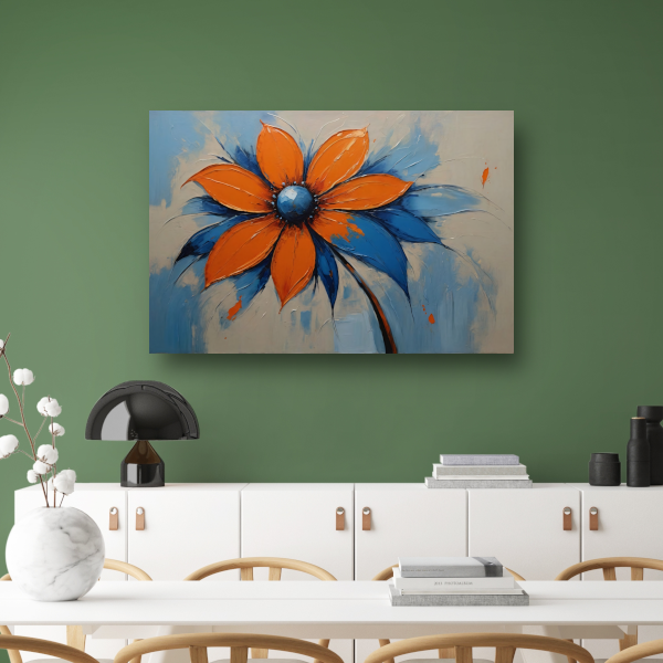 Oranje-Blauwe Bloei met Levendige Druppels canvas met baklijst