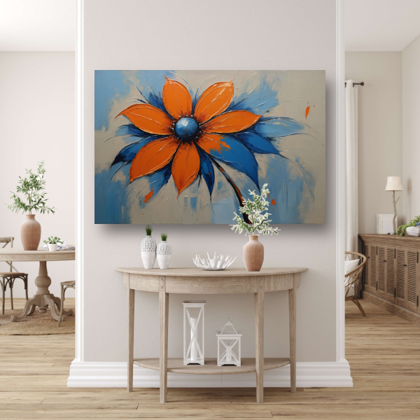 Oranje-Blauwe Bloei met Levendige Druppels canvas met baklijst